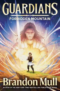 Book cover for Guardians Forbidden Mountain by Brandon Mull featuring bright swirls of color and a young boy in the middle with a large knight looming all around him. 